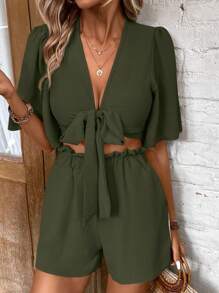 SHEIN LUNE 女士實色簡約日常短袖T恤和短褲套裝 - 軍綠色 - 查看 6