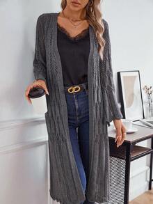 Knit Mix Áo khoác cardigan màu trơn thanh lịch dành cho nữ, cổ hở, tay loe và thiết kế khoét lỗ, dáng rộng, mùa xuân/thu (Họa tiết ngẫu nhiên) - Màu xám đen - Xem 6