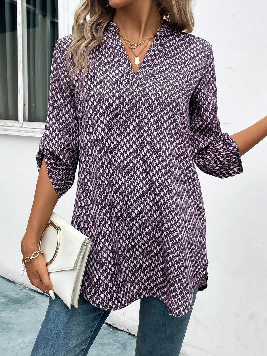 SHEIN LUNE Áo sơ mi nữ đơn giản in ngẫu nhiên hàng ngày - Bụi tím - Xem 1