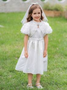 SHEIN Set Gaun dan Selendang Bunga 3D Cantik untuk Anak Perempuan, Cocok untuk Pengantin dan Pengiring Pengantin. - Putih - View 5