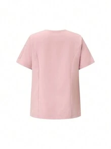SHEIN TaskFit 純色短袖上衣＆褲子護理制服，護士服套裝 - 粉色 - 查看 6
