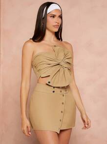 Hauture Women's Summer Fashion Twist Knot Bow Strapless Top With Wrapped Skirt Set - Yellow - View 4
