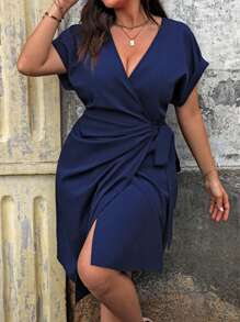 SHEIN LUNE Váy ngắn tay đơn giản hàng ngày màu trơn dành cho nữ cỡ lớn - Màu xanh hải quân - Xem 1