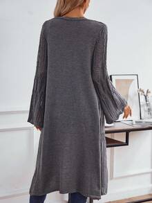 Knit Mix Áo khoác cardigan màu trơn thanh lịch dành cho nữ, cổ hở, tay loe và thiết kế khoét lỗ, dáng rộng, mùa xuân/thu (Họa tiết ngẫu nhiên) - Màu xám đen - Xem 2