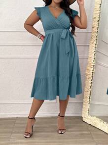 SHEIN Clasi 大尺碼V領純色交叉設計雪紡裙，流蘇邊緣配腰帶，休閒夏日裙 - 藍色 - 查看 4