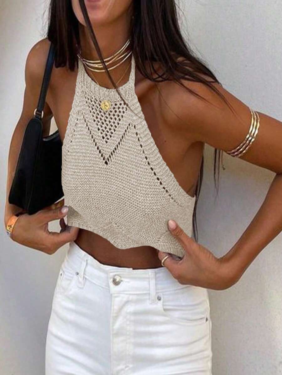 Chiquease Top de punto calado para mujer, ideal para vacaciones - Albaricoque - Ver 1