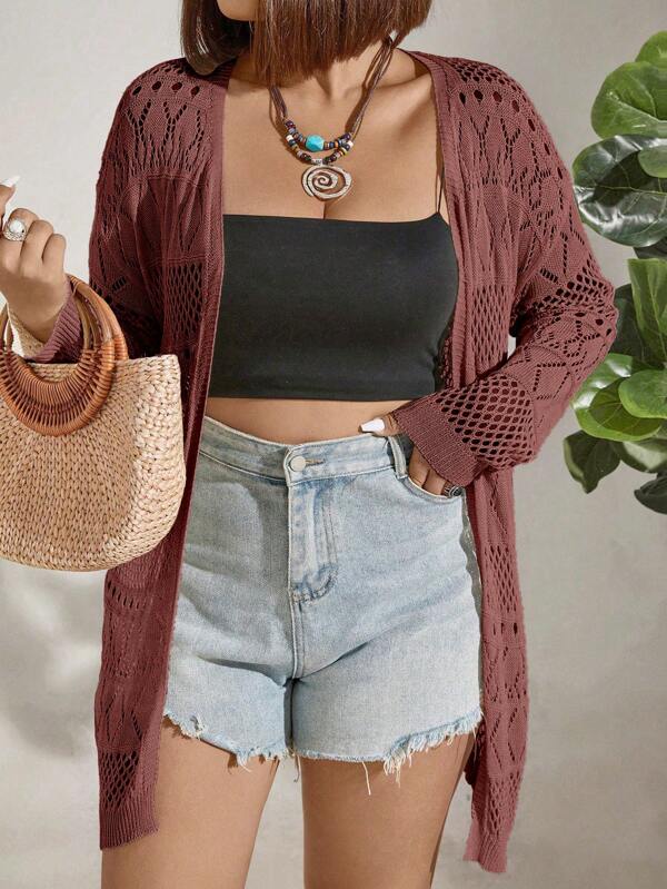 SHEIN Holidaya Plus Size Effen Kleur Gebreid Casual Lange Mouw Cardigan Voor Nieuwjaarskleding