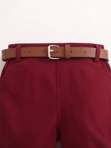 SHEIN Young Boy Comfortable Woven Solid Color Belted Shorts, Spring/Summer - Burgundy - View 3