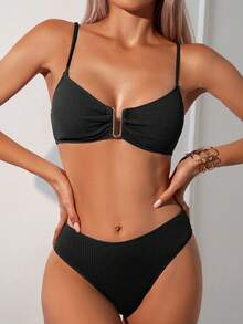 SHEIN Swim Bộ Bikini Ruffle Màu Trơn Gợi Cảm Cho Nữ Đi Biển Mùa Hè - màu đen - Xem 4