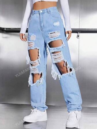 Women's Casual Loose Fit Distressed Jeans With Pockets