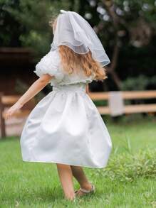 SHEIN Set Gaun dan Selendang Bunga 3D Cantik untuk Anak Perempuan, Cocok untuk Pengantin dan Pengiring Pengantin. - Putih - View 3
