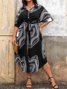 SHEIN Clasi Váy sơ mi ngắn tay in ngẫu nhiên cỡ lớn dành cho nữ - Đen và trắng - Xem 5