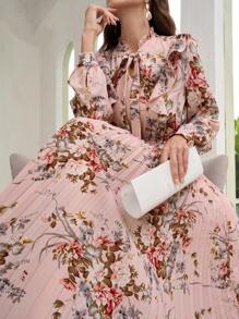 Seusyu 花卉印花褶皱长袖连衣裙，配蝴蝶结领带，长款女装 - 粉色 - 查看 4