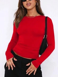 Elegant & Versatile Women Plain Crew Neck Long Sleeve Ruched Fitted Slim Fit T-Shirt,Suitable For Summer And Autumn/Winter Seasons - 紅色 - 查看 4