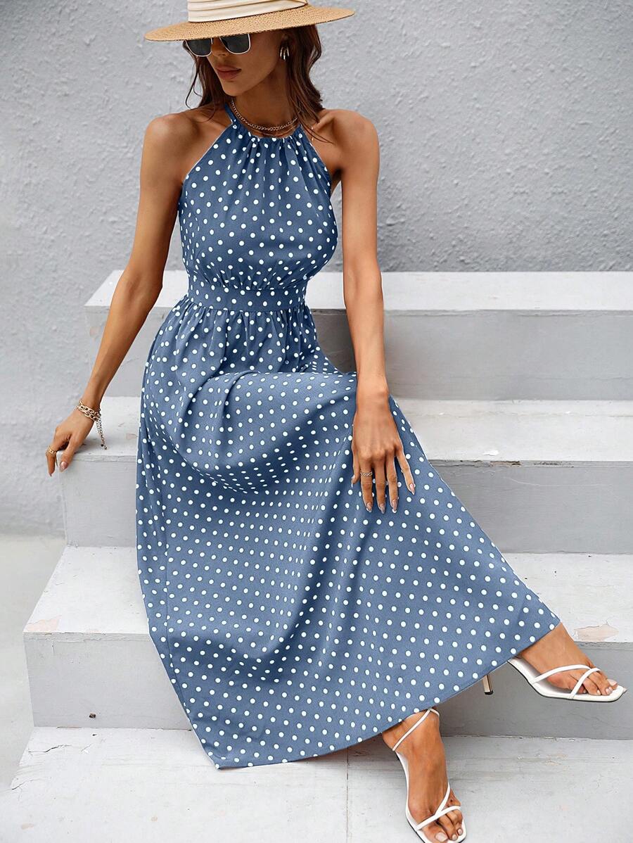 SHEIN VCAY Women's Off Shoulder Dress (Random Print) - Blue and White - View 1