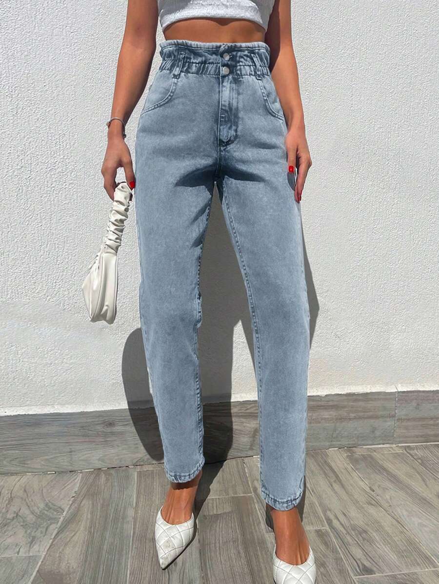 Cottnline Paperbag Waist Mom Jeans - Baby Blue - View 1