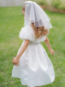 SHEIN Set Gaun dan Selendang Bunga 3D Cantik untuk Anak Perempuan, Cocok untuk Pengantin dan Pengiring Pengantin. - Putih - View 2