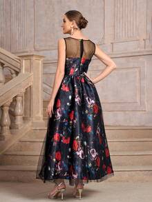 Black Mesh Contrast Floral Printed Formal Evening Party Dress A-Line Ball Gown (Heavy Style) For Women