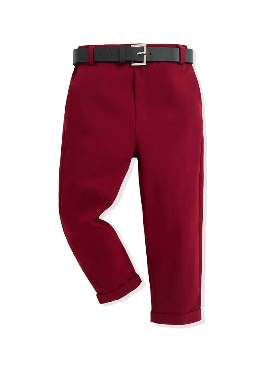SHEIN Boys' Casual Belted Long Pants, Spring & Summer - Burgundy - View 1