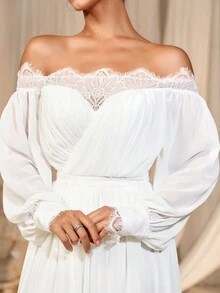 Faeriesty 蕾丝边露肩灯笼袖雪纺舞会礼服 - 白色 - 查看 5