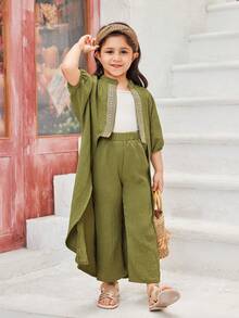 SHEIN Young Girl Mustard Green Traditional Classical Clothing, Comfortable & Breathable Textured Fabric, Embroidered Lace Open Cardigan With Shoulders, Camisole For Bottom Layer In Apricot Color, And Wide Leg Pants Three-Piece Set For Graceful And Lively Look. Suitable For Spring, Summer, Parties And Outings. - Army Green - View 6