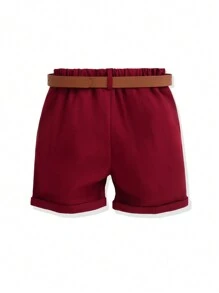 SHEIN Young Boy Comfortable Woven Solid Color Belted Shorts, Spring/Summer - Burgundy - View 2