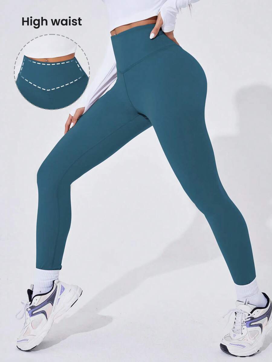Easithlete Quần legging thể thao màu trơn cạp cao thường ngày cho nữ - Màu xanh lam - Xem 1