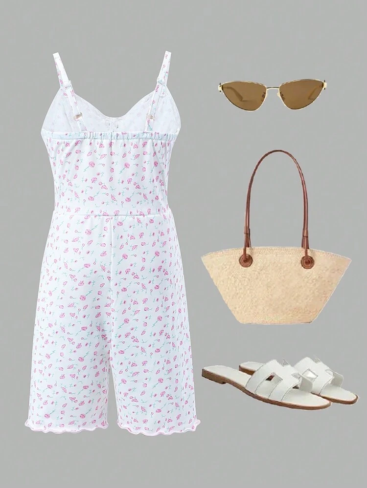 Tween Girl Summer Casual Ditsy Floral Lace Trimmed Strappy Jumpsuit