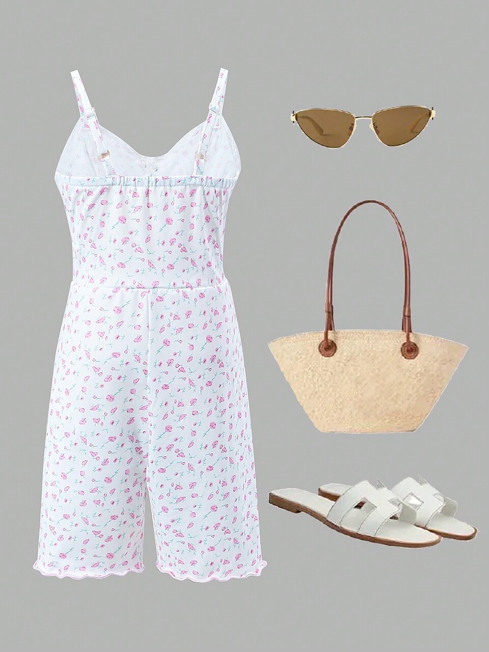 Tween Girl Summer Casual Ditsy Floral Lace Trimmed Strappy Jumpsuit