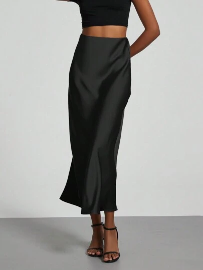 Se-Helo Fashion Women's Elastic Satin Feeling Satin Maxi Skirt - Black Casual Spring