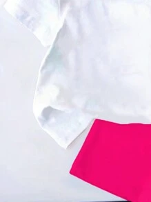 SHEIN 2入組寶寶女孩可愛學術風格休閒短袖T恤和短褲套裝，夏季 - 玫紅色 - 查看 3