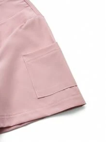 SHEIN TaskFit 純色短袖上衣＆褲子護理制服，護士服套裝 - 粉色 - 查看 11