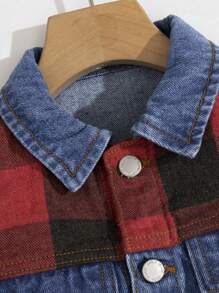 SHEIN Young Boy Casual Fashionable Contrasting Plaid Patchwork Blue Sleeveless Denim Vest Jacket For Vacation And Dailywear - Blue - View 5