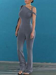 2 件套女士纯色露肩简约上衣和喇叭裤