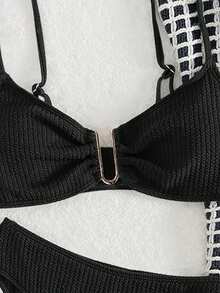 SHEIN Swim Bộ Bikini Ruffle Màu Trơn Gợi Cảm Cho Nữ Đi Biển Mùa Hè - màu đen - Xem 3