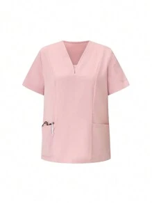 SHEIN TaskFit 純色短袖上衣＆褲子護理制服，護士服套裝 - 粉色 - 查看 3