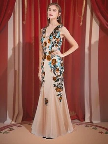 ANGEL FASHIONS 女士V领系带亮片花卉撞色网纱长款晚礼服 - 橘色 - 查看 7