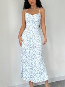 女士夏季假日小碎花侧开衩露背连衣裙