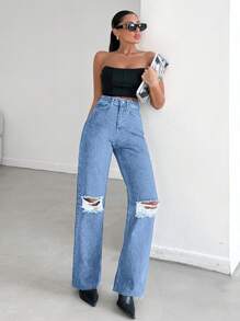 RueChic Women's Distressed Straight Leg Jeans - Medium Wash - View 4