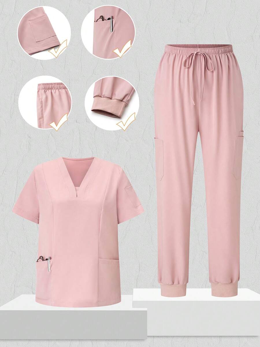 SHEIN TaskFit 純色短袖上衣＆褲子護理制服，護士服套裝 - 粉色 - 查看 1