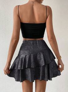 Chiquease Women's Solid Color Double Layer Ruffle Hem Mini Skirt