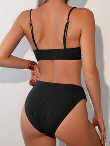 SHEIN Swim Bộ Bikini Ruffle Màu Trơn Gợi Cảm Cho Nữ Đi Biển Mùa Hè - màu đen - Xem 2