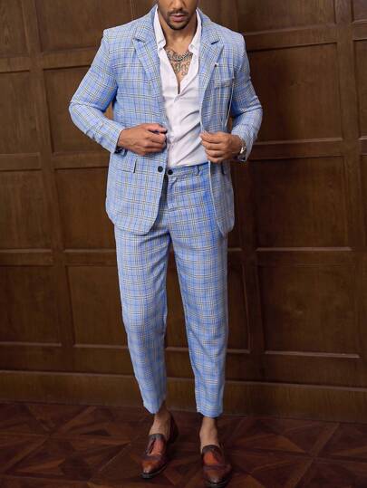 Manfinity Mode Men's Plaid Print Simple Daily Suit Set