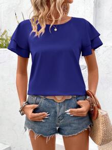 Breezaya 女士纯色圆领短袖荷叶边衬衫，适合夏季休闲装，短袖上衣