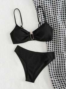 SHEIN Swim Bộ Bikini Ruffle Màu Trơn Gợi Cảm Cho Nữ Đi Biển Mùa Hè - màu đen - Xem 5