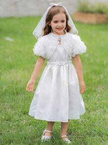 SHEIN Set Gaun dan Selendang Bunga 3D Cantik untuk Anak Perempuan, Cocok untuk Pengantin dan Pengiring Pengantin. - Putih - View 1