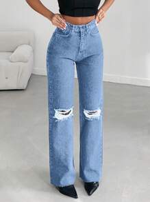 RueChic Women's Distressed Straight Leg Jeans - Medium Wash - View 6