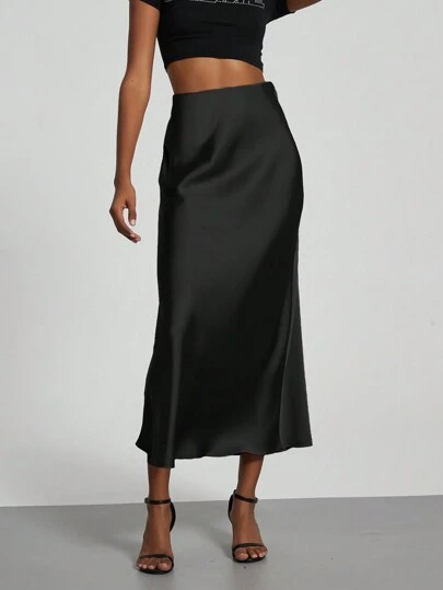Se-Helo Fashion Women's Elastic Satin Feeling Satin Maxi Skirt - Black