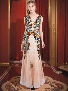 ANGEL FASHIONS 女士V领系带亮片花卉撞色网纱长款晚礼服 - 橘色 - 查看 3