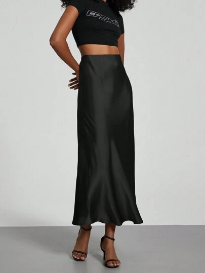 Se-Helo Fashion Women's Elastic Satin Feeling Satin Maxi Skirt - Black Casual Spring